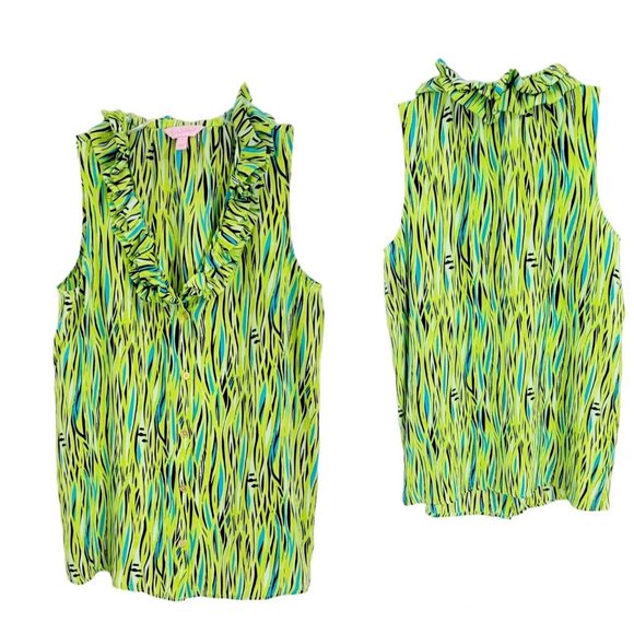 LILLY PULITZER Size 6 Multicolor Graphic Print Sleeveless Silk Ruffle V-Neck Top - Picture 2 of 14